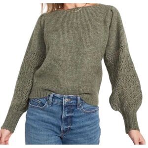 OLD NAVY Wool Blend Boat-Neck Heathered Pointelle-Knit Sweater, Olive, Sz 2X